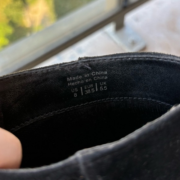 Black suede ankle booties with black block heel and silver zipper. Size 8. - Picture 5 of 5